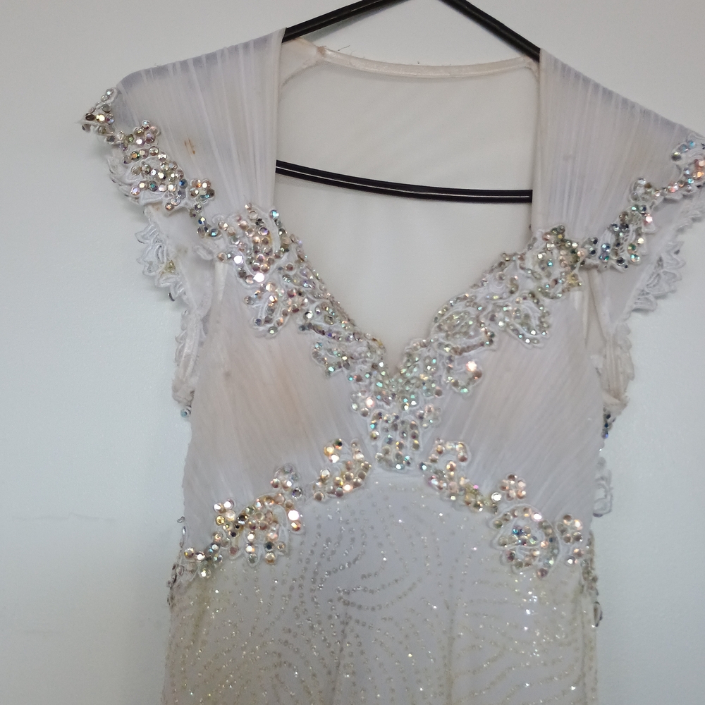 White Feathered International Ballroom Gown with Floaters - Picture 7 of 12